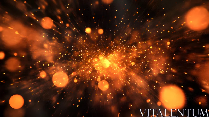 Abstract glowing orange light burst with bokeh particles effect.