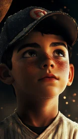 Young baseball player portrait shows upward focused gaze