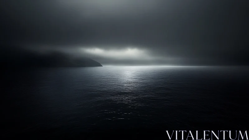 Dark coastal seascape with low clouds and distant light.