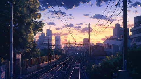 Soft sunset rails winding through a quiet city evening.