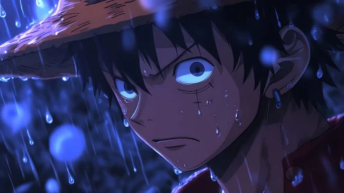 Stormlit anime hero holds fierce resolve beneath the rain