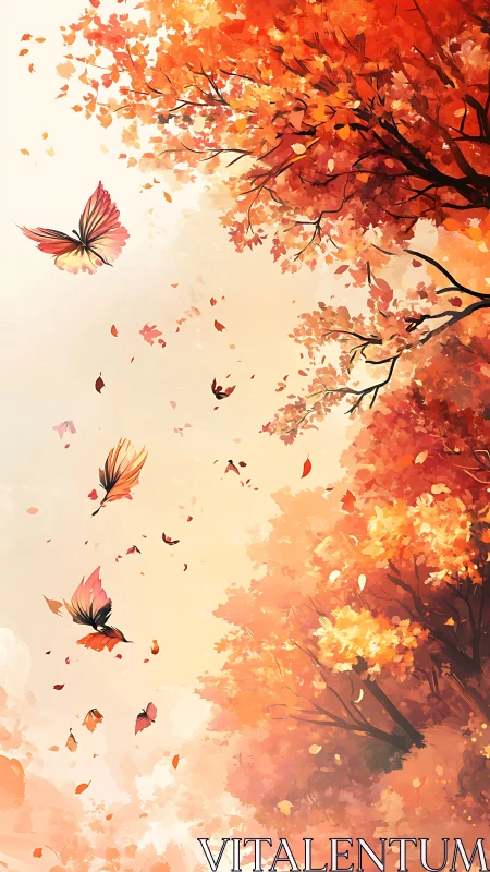 Autumn foliage with butterflies in vertical digital scene.