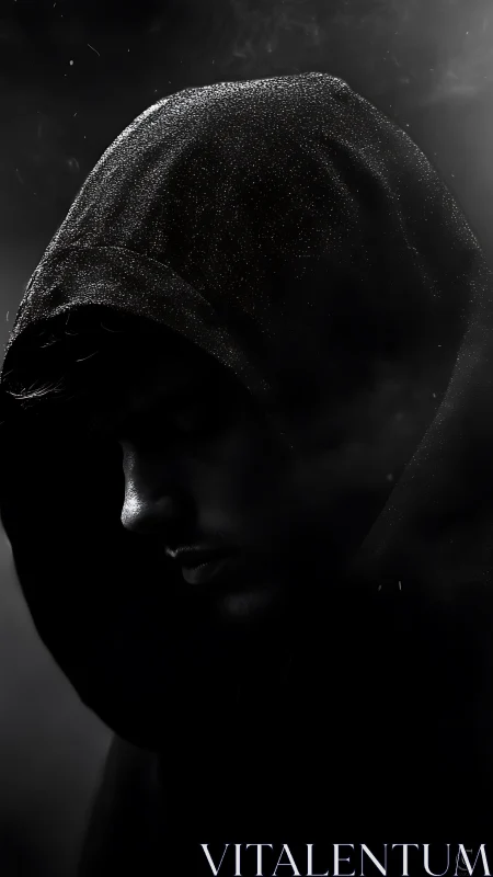 Moody side profile of hooded man in dramatic low light.