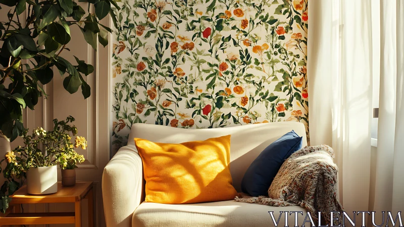 Sunlit sofa set against densely patterned floral wallpaper