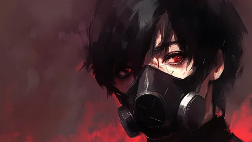 Masked youth with burning red eyes amid crimson haze.
