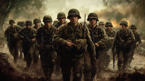 Determined soldiers advancing together through smoky chaos.