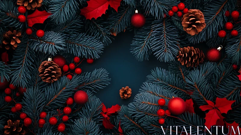 Symmetrical holiday wreath with blue fir and crimson accents.