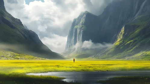 Solitary wanderer in luminous valley beneath misted cliffs.