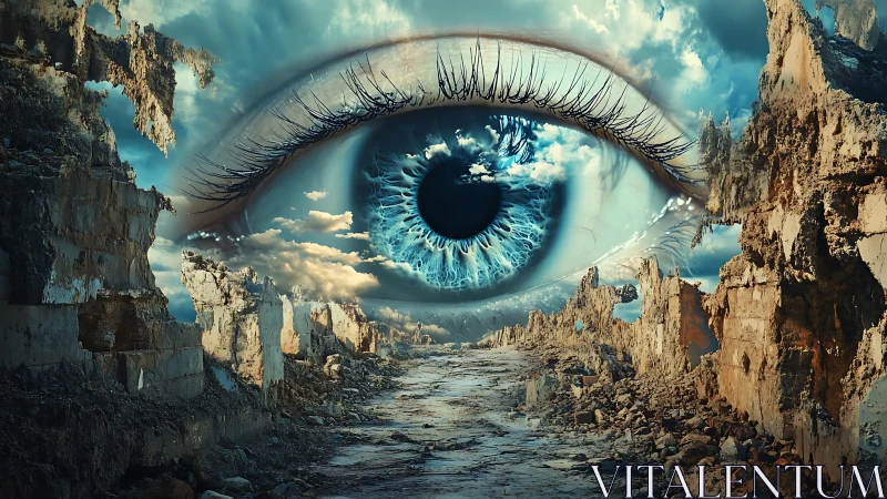 Gigantic crystalline iris surveying stratified ruin corridor.