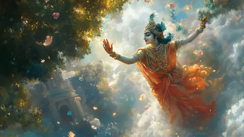 Divine dancer in orange sari floats through luminous cloudscape