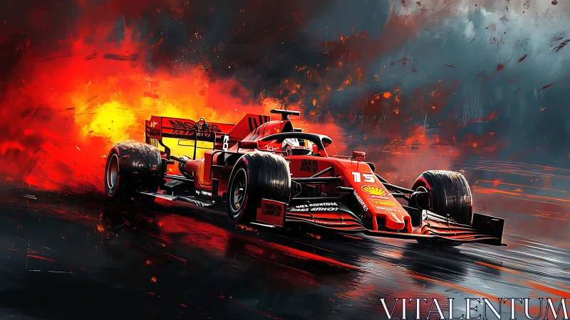 Blazing red formula racer knifes through molten storm horizon.