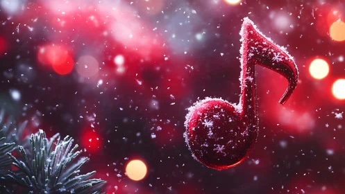 Snowy red music note glows softly in a festive winter sky