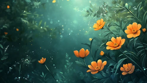 Golden Cosmos Blooms Waltz Through Emerald Twilight