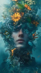 Human face integrated with floral and avian elements underwater.