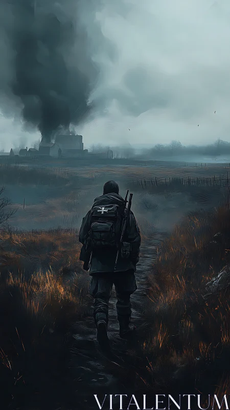 Solitary soldier advancing toward burning distant homestead.