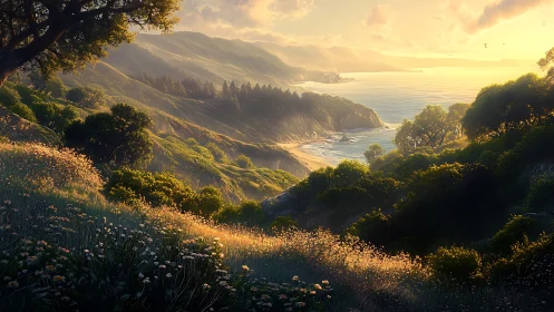 Sunlit coastal hills and wildflower meadow at golden hour.