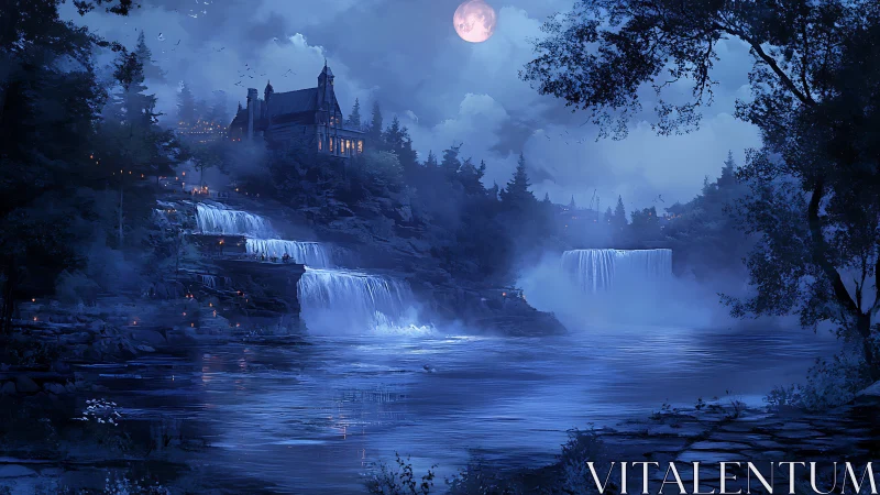 Moonlit cliff manor overlooks cascading forest waterfalls.