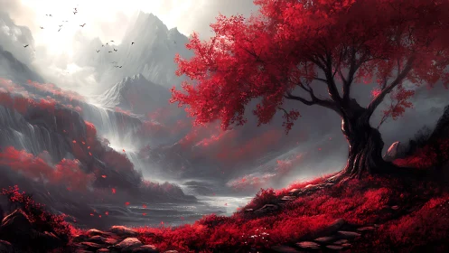 Crimson tree overlooks misty mountains and river valley