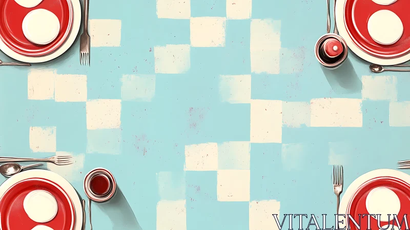 Symmetrical tabletop layout with four red place settings.