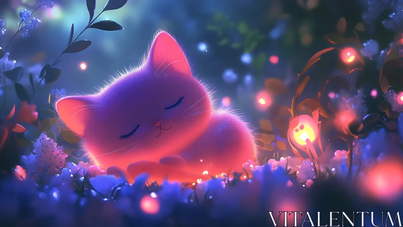 Luminescent feline figure amid glowing flora and particle effects.