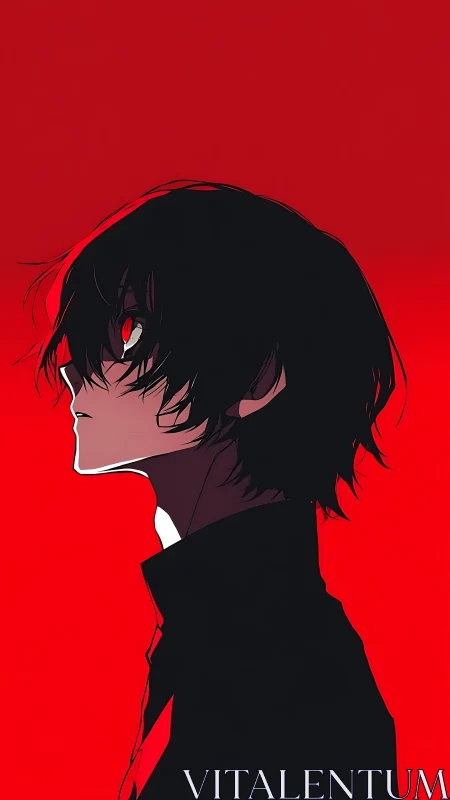 High contrast anime profile shows red-eyed figure on flat red field