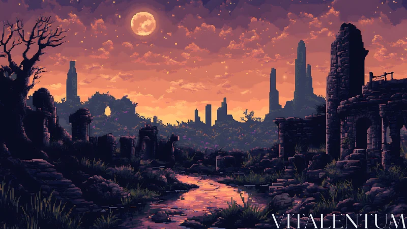 Moonlit ruins glowing over a quiet, pixel river at dusk.