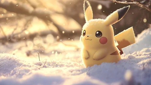 Snowlit Pikachu under golden winter backlight glow.