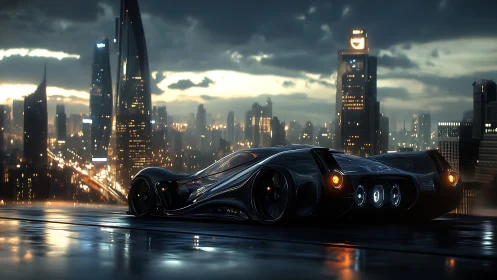 Futuristic hypercar reflects neon skyline on rain-slick rooftop
