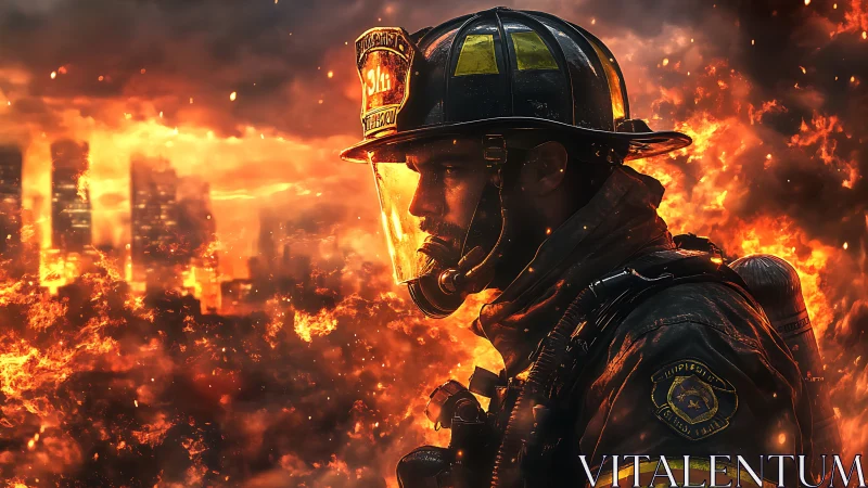 Firefighter Standing Amid Intense Inferno and Urban Devastation