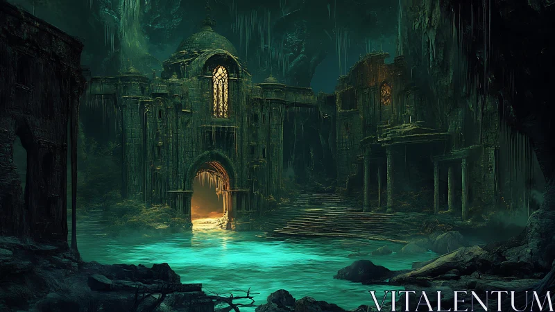 Ancient stone ruin stands over illuminated turquoise water