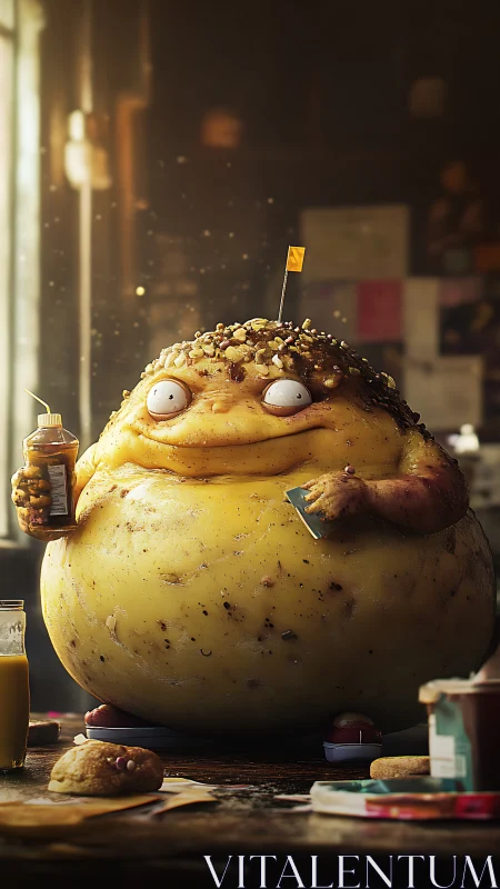 Cheerful potato creature hosting a delightfully messy snack time.