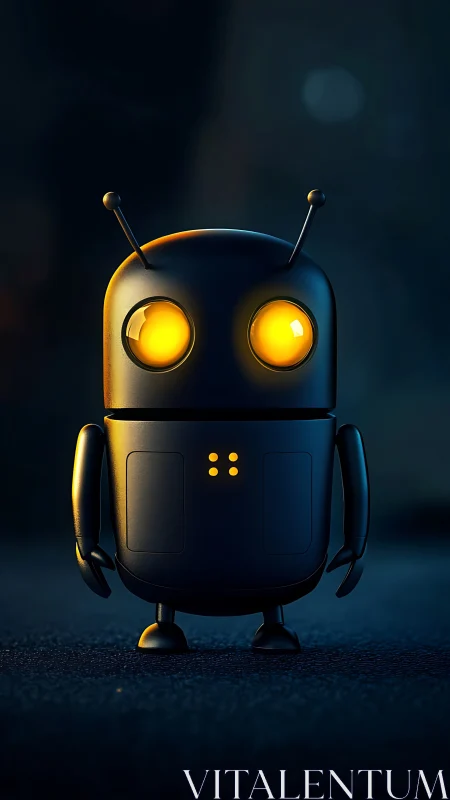 Cute black robot glows warmly in cinematic low light