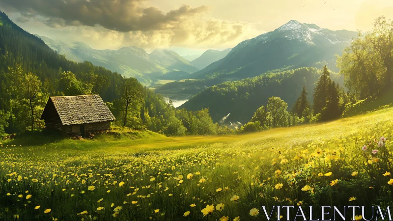 Sunlit alpine meadow surrounds rustic cabin and mountains