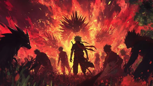 Volcanic inferno summoning with silhouetted warriors and beasts.