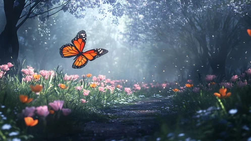Monarch of Morning Mist Gliding Through Bloomlit Pathways.