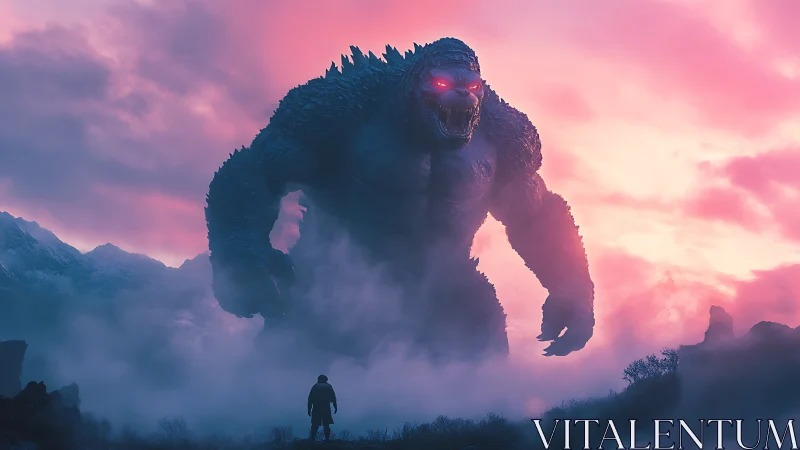 Colossal monster confronts lone figure in neon dusk fog.