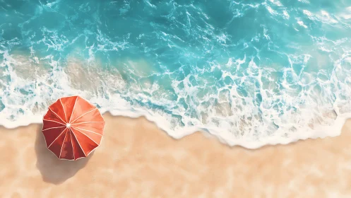 Crashing turquoise waves meet sand beside a lone red umbrella