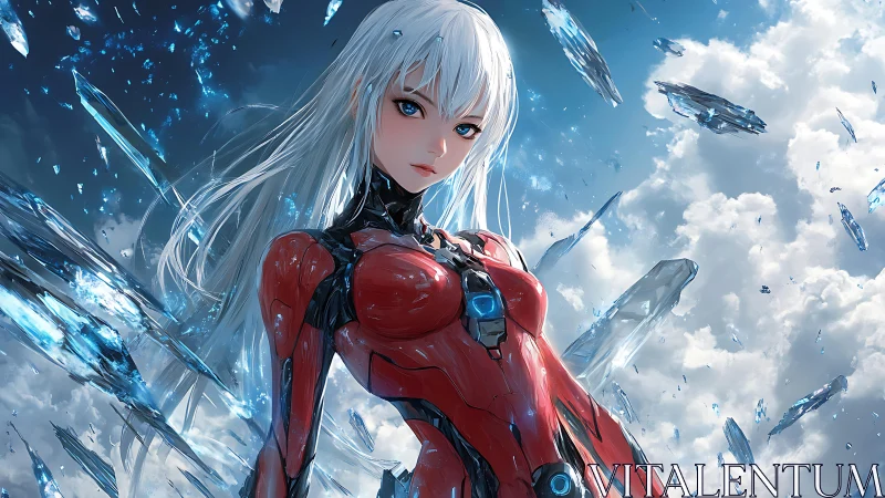 Cybernetic heroine in scarlet exosuit amid crystalline skyfield.