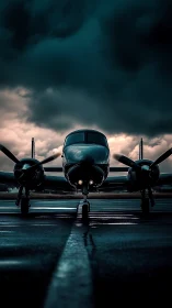 Twin engine aircraft on wet runway under storm clouds.