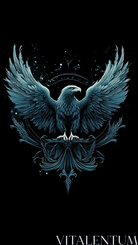 Majestic teal eagle spreads illuminated wings in darkness