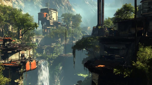 Futuristic jungle outpost rises over misty waterfall gorge