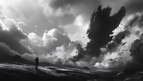 Distant figures beneath fragmented monolithic structure.