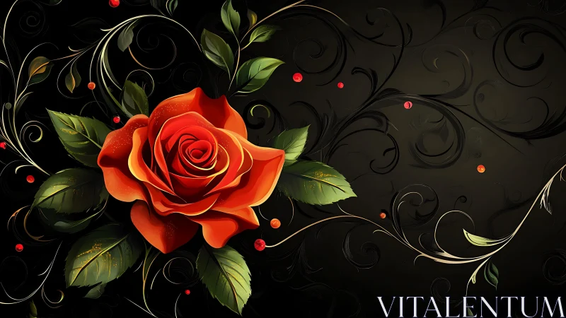 Crimson rose displayed with ornamental flourishes against dark background.