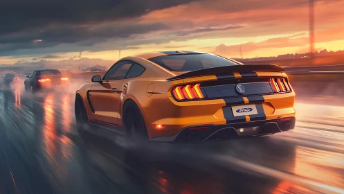 Yellow sports car accelerates on wet highway at sunset