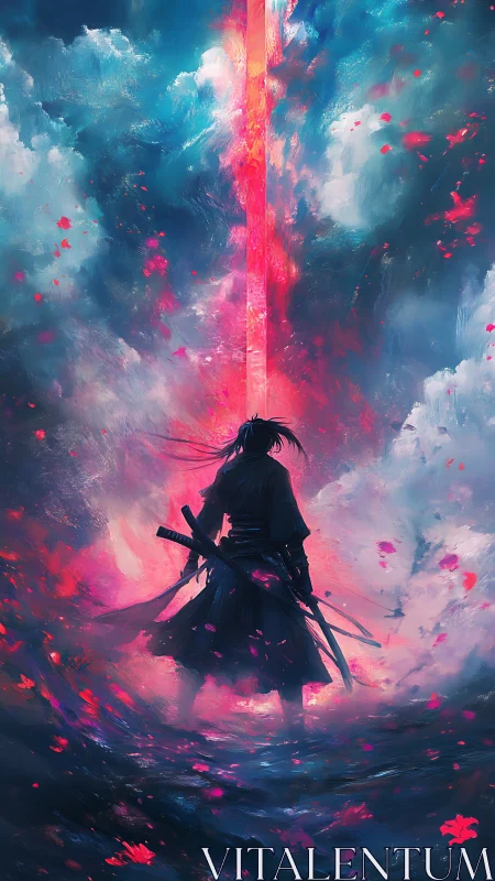 Samurai silhouette before vertical astral energy rift portal