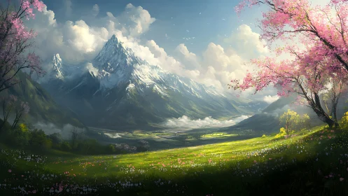 Panoramic alpine valley with snow peaks and spring blossom