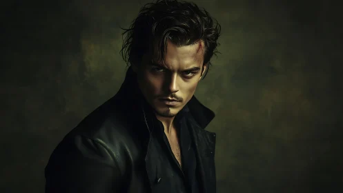 Moody low-key portrait of stern man in dark leather coat