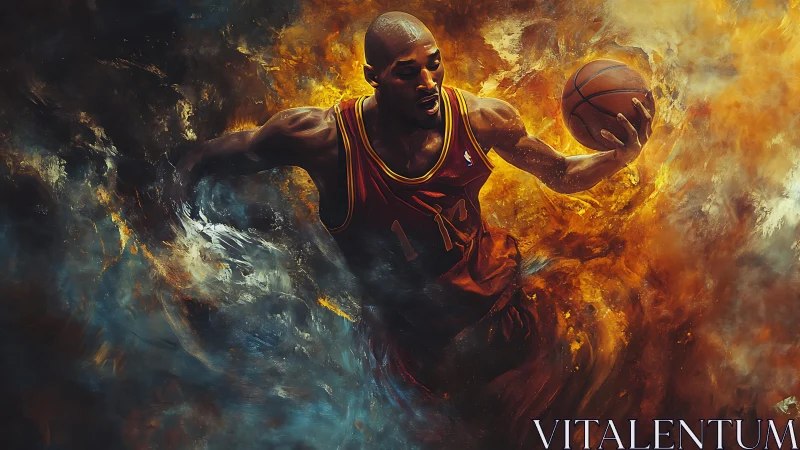Fiery basketball player drives through swirling cosmic energy
