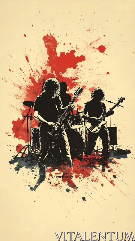 Silhouetted rock band with red and black splatter backdrop.
