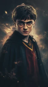 Portrait depicts robed youth in glasses against smoky backdrop